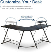 مكتب كمبيوتر على شكل حرف L | مكتب ألعاب | محطة عمل كمبيوتر شخصي | مكتب منزلي | مكتب دراسة زاوية مع حامل شاشة قابل للإزالة لمحطة عمل الدراسة والكتابة في المنزل، 129 * 46 * 71 سم، أسود